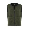 mohair zip gilet in dark olive with contrast trim around the neckline, arm holes and zip front, shown from the front.