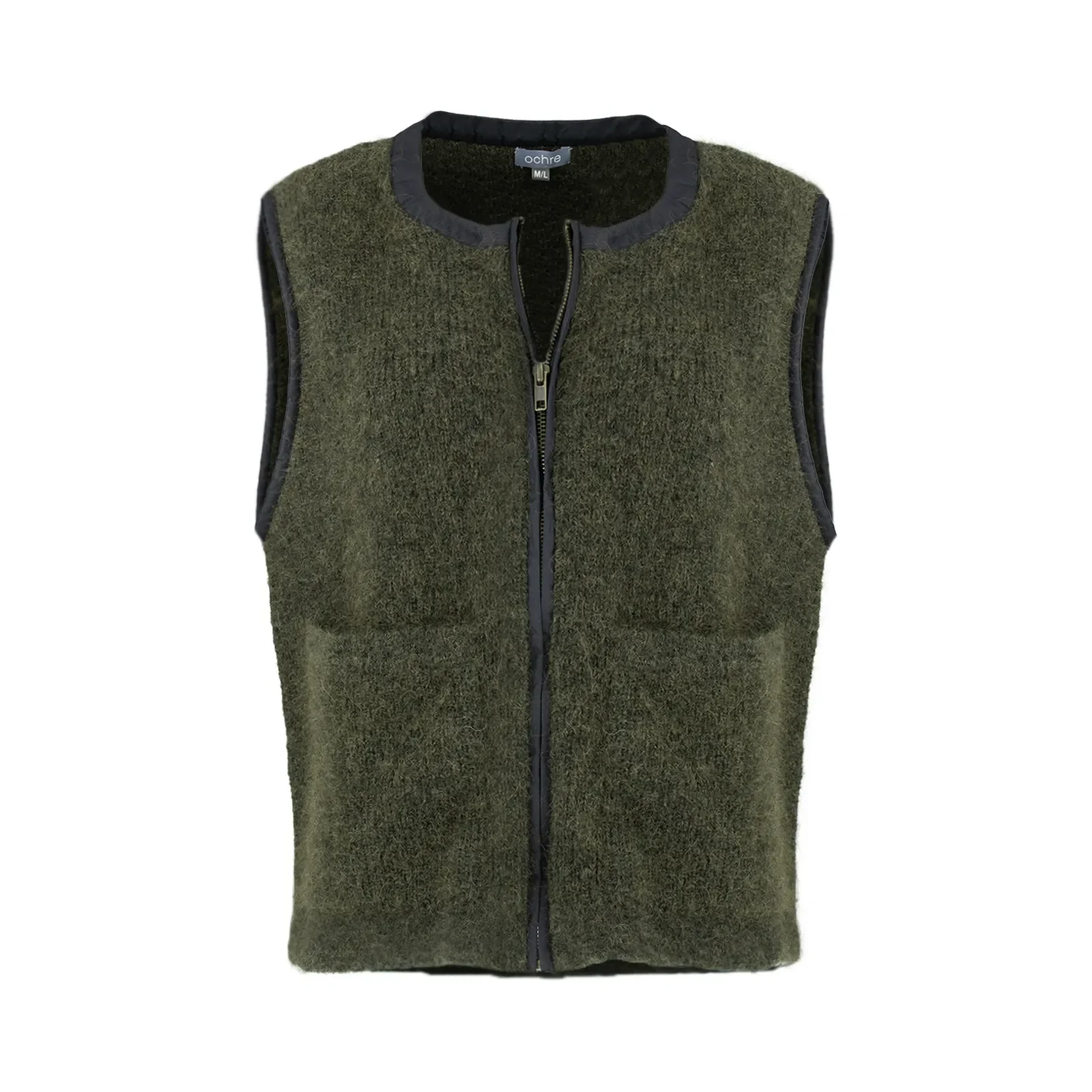 mohair zip gilet in dark olive with contrast trim around the neckline, arm holes and zip front, shown from the front.