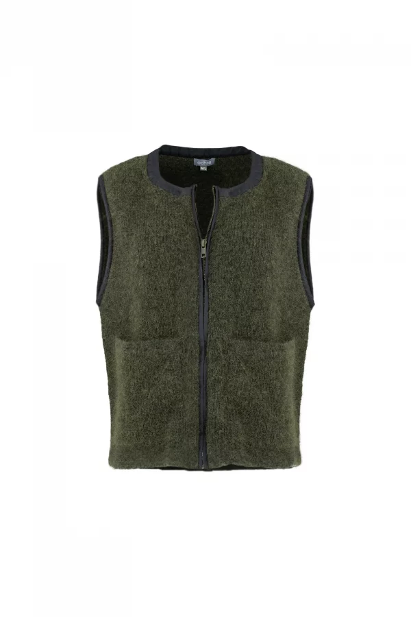 mohair zip gilet in dark olive with contrast trim around the neckline, arm holes and zip front, shown from the front.