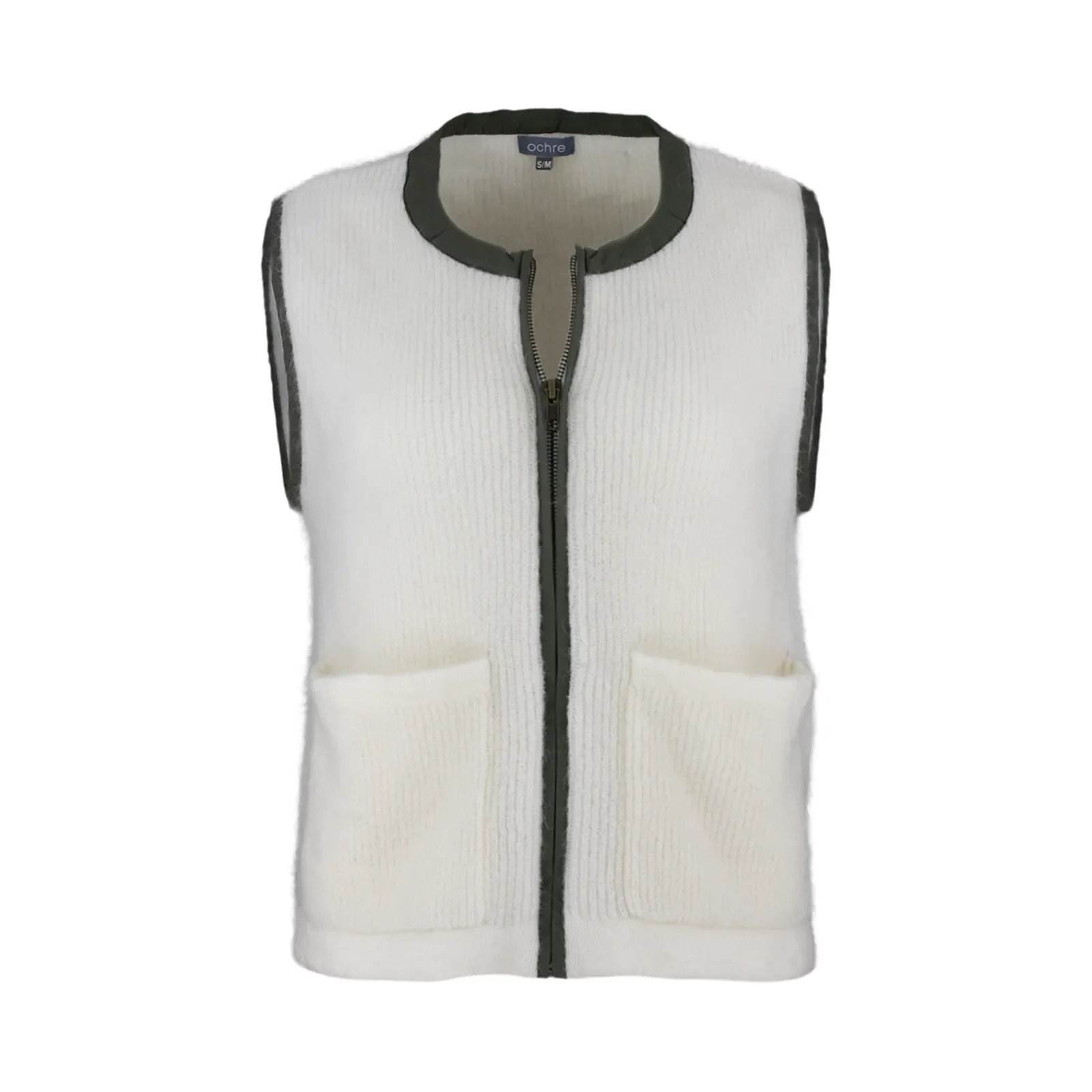 mohair zip gilet in ivory with contrast trim around the neckline, arm holes and zip front, shown from the front.