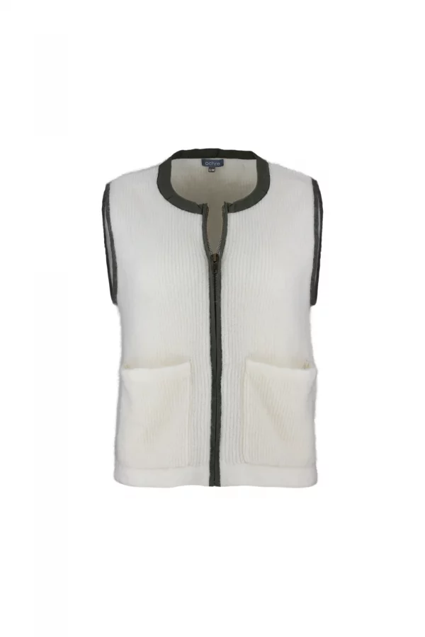mohair zip gilet in ivory with contrast trim around the neckline, arm holes and zip front, shown from the front.