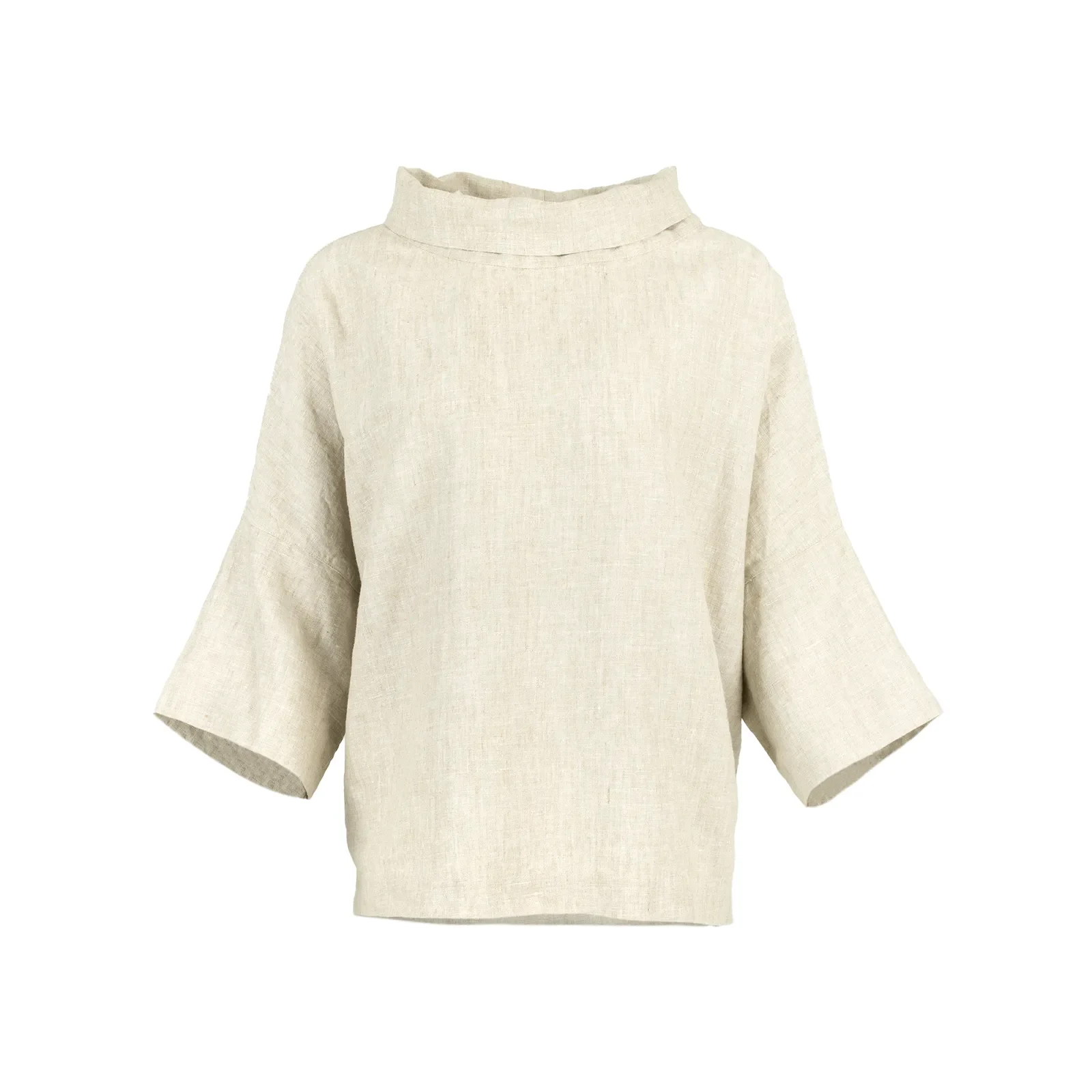 mull-linen-cowl-neck-top-natural-front - Ochre Knitwear linen cowl neck top in natural colour, organic linen with folded neckline and wide short sleeves, front view