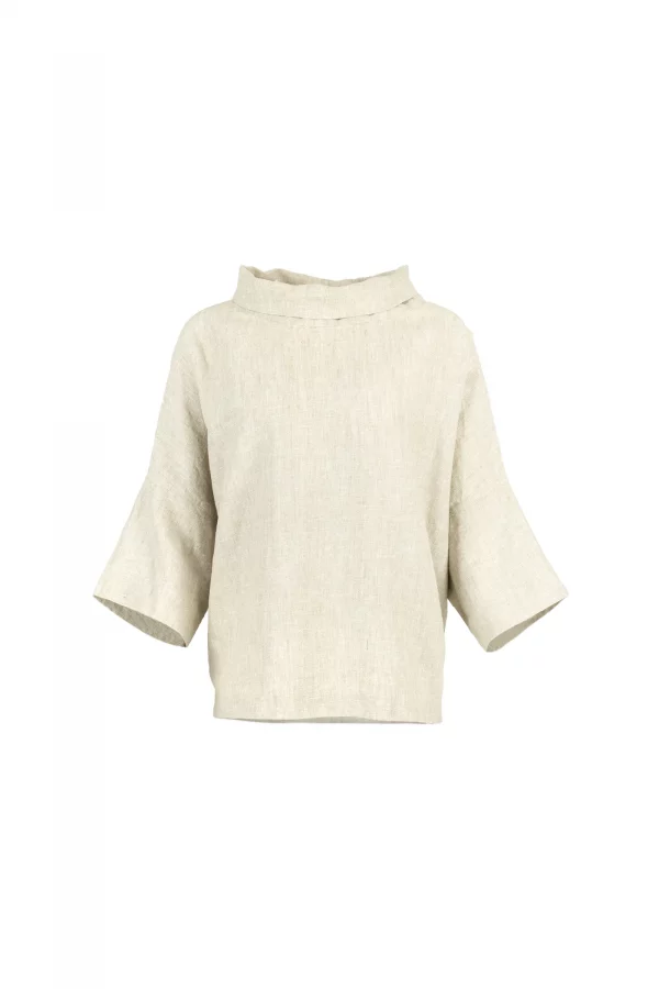 linen cowl neck top in natural colour, organic linen with folded neckline and wide short sleeves, front view