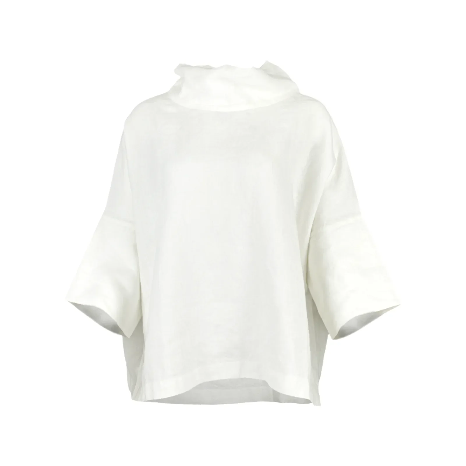 mull-linen-cowl-neck-top-ivory-front - Ochre Knitwear linen cowl neck top in ivory colour, organic linen with folded neckline and wide short sleeves, front view