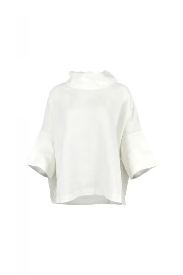 linen cowl neck top in ivory colour, organic linen with folded neckline and wide short sleeves, front view
