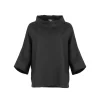 linen cowl neck top in black organic linen with folded neckline and wide short sleeves, front view