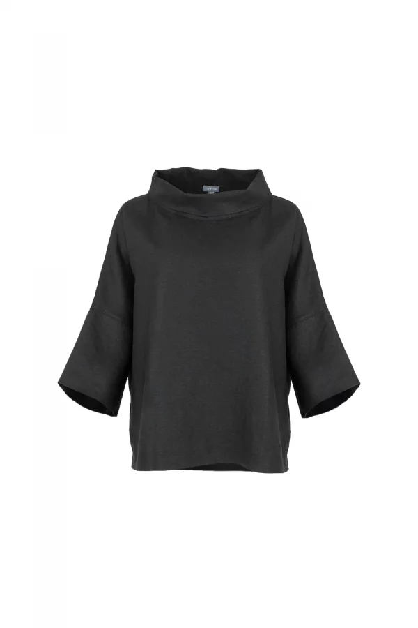 linen cowl neck top in black organic linen with folded neckline and wide short sleeves, front view