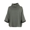 linen cowl neck top in fir green organic linen with folded neckline and wide short sleeves, front view