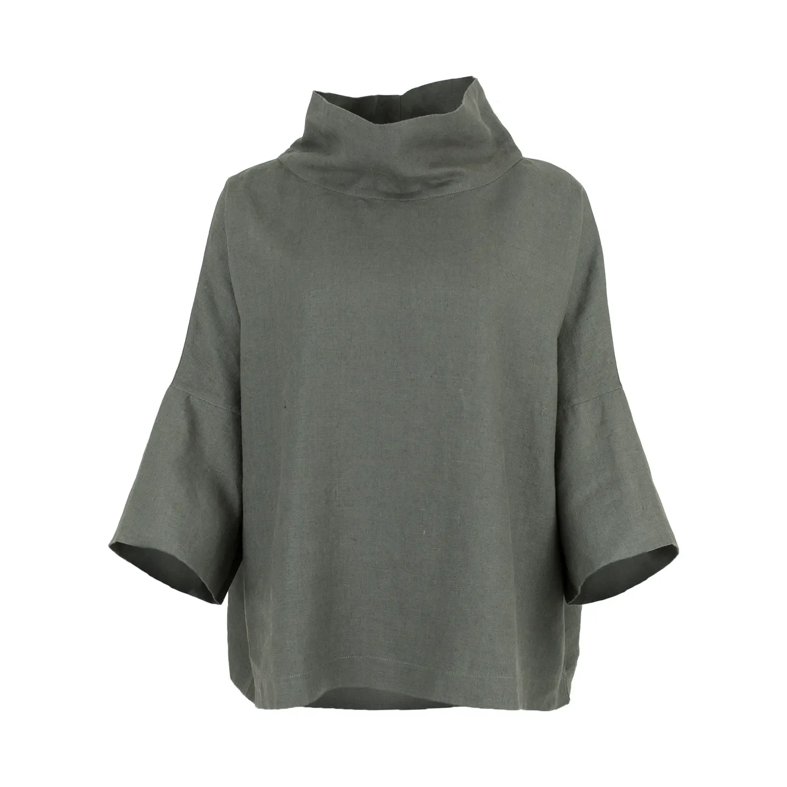mull-linen-cowl-neck-top-fir-green-front - Ochre Knitwear linen cowl neck top in fir green organic linen with folded neckline and wide short sleeves, front view
