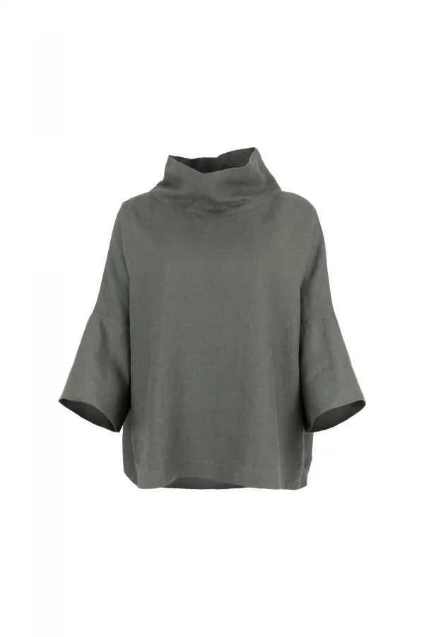 linen cowl neck top in fir green organic linen with folded neckline and wide short sleeves, front view