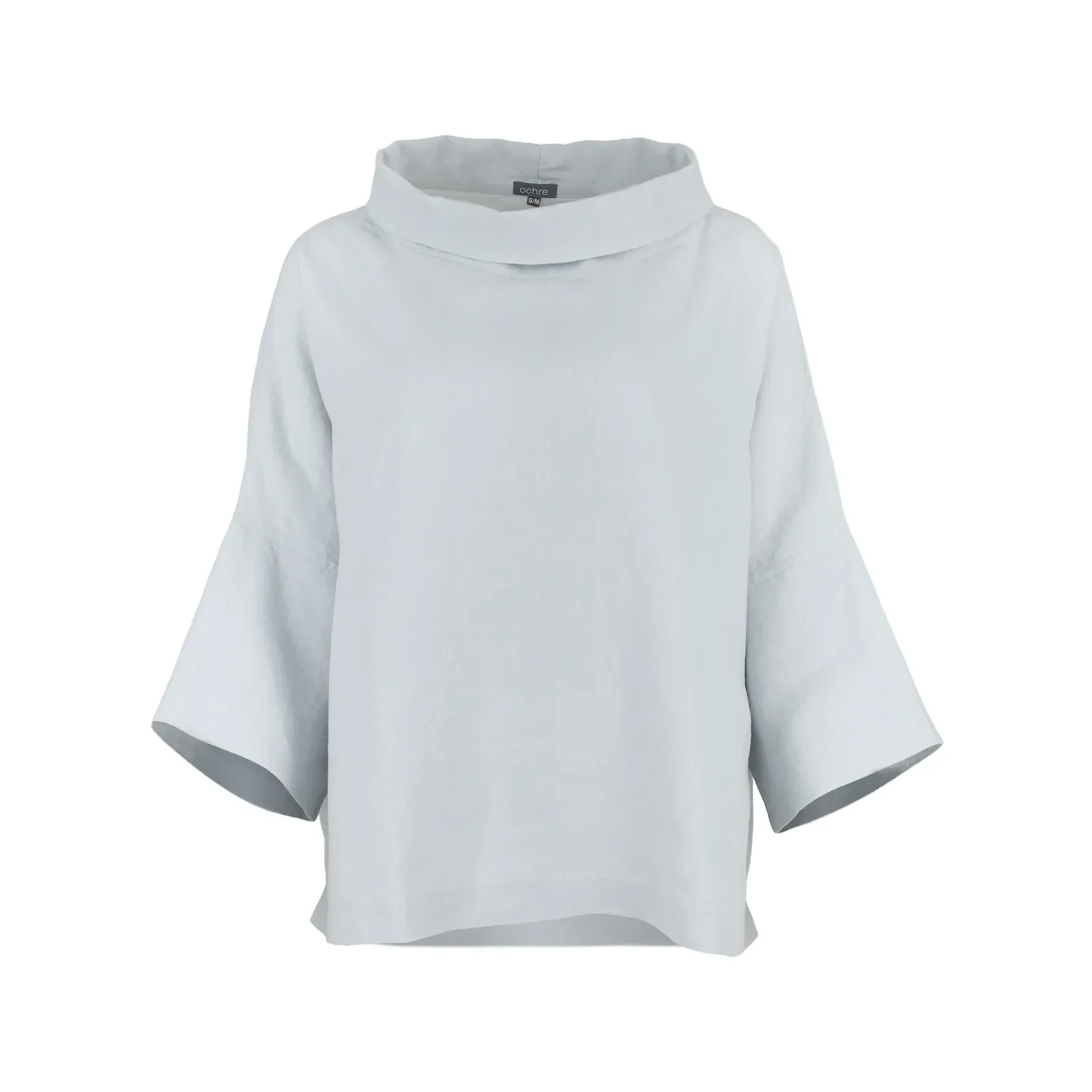 mull-linen-cowl-neck-top-pale-blue-front - Ochre Knitwear