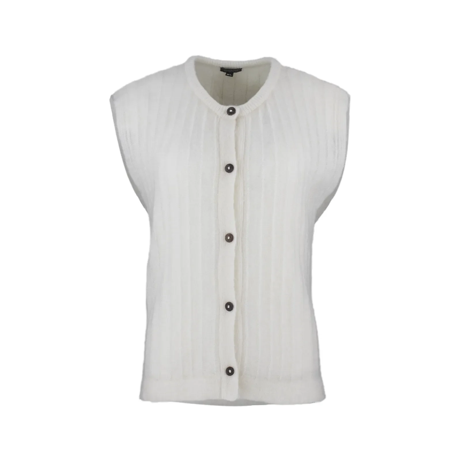Percy kid mohair buttoned vest in ivory with round neckline, five-button front, vertical rib texture and soft brushed mohair blend