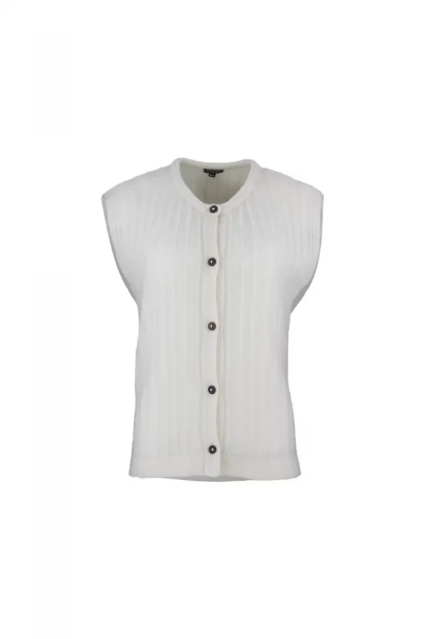 percy-kid-mohair-buttoned-vest-ivory-front - Ochre Knitwear Percy kid mohair buttoned vest in ivory with round neckline, five-button front, vertical rib texture and soft brushed mohair blend