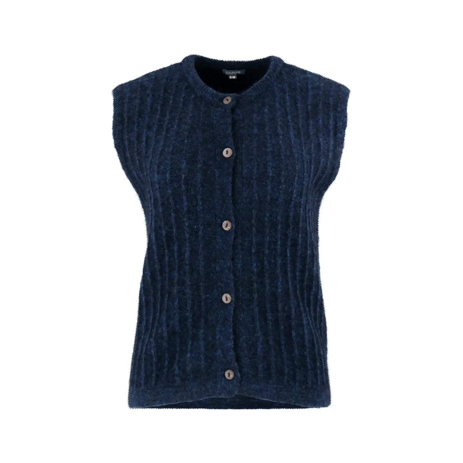 kid mohair buttoned vest in navy with round neckline, five-button front, vertical rib texture and soft brushed mohair blend