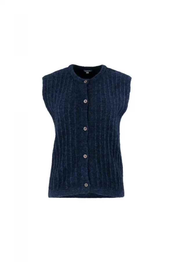 percy-kid-mohair-buttoned-vest-navy-front - Ochre Knitwear kid mohair buttoned vest in navy with round neckline, five-button front, vertical rib texture and soft brushed mohair blend