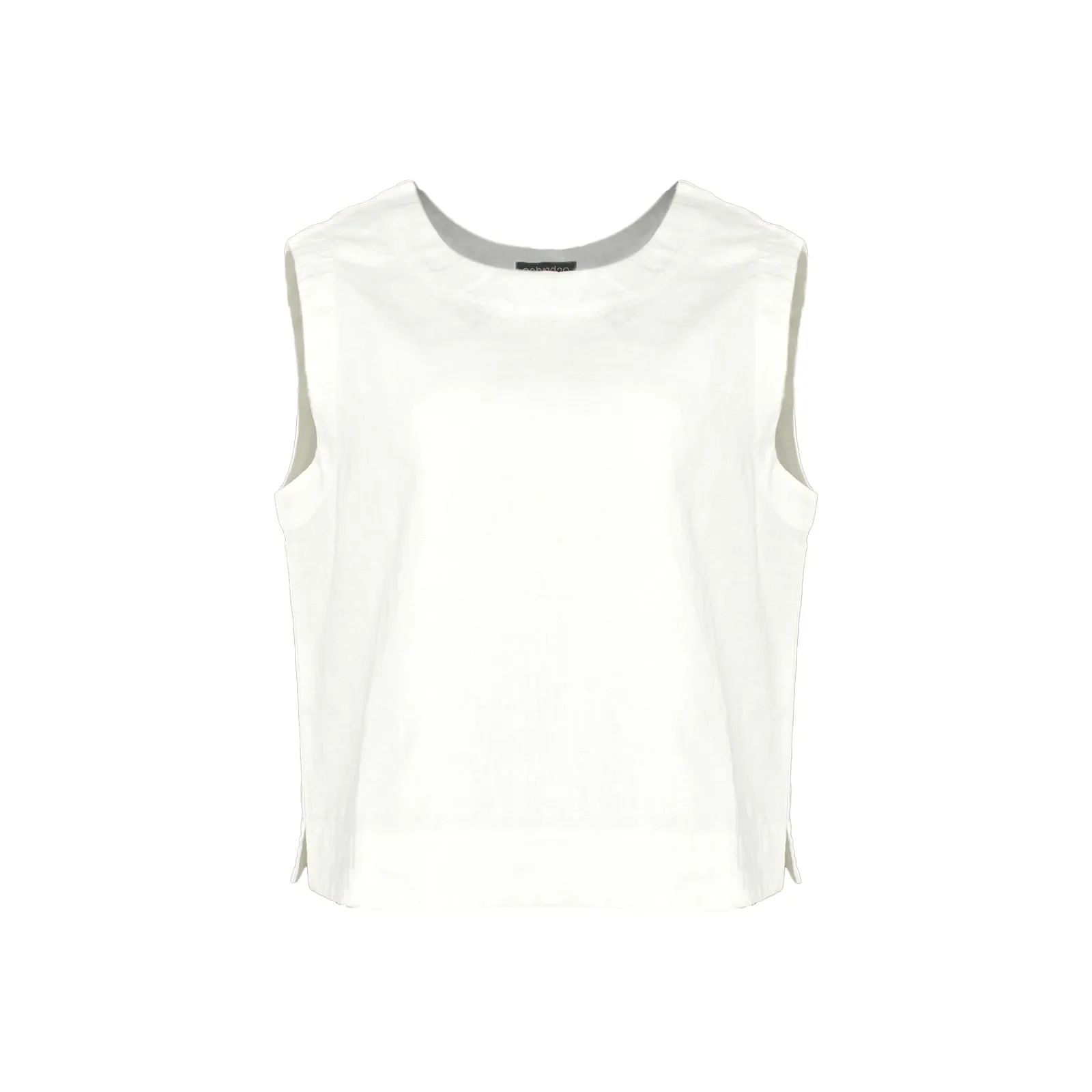 tiree-linen-sleeveless-top-ivory-organic-linen - Ochre Knitwear linen sleeveless top in ivory colour with round neckline, wide shoulder coverage and defined hem panel