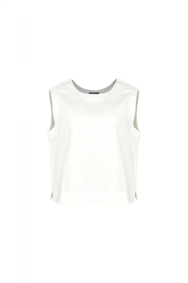 tiree-linen-sleeveless-top-ivory-organic-linen - Ochre Knitwear linen sleeveless top in ivory colour with round neckline, wide shoulder coverage and defined hem panel