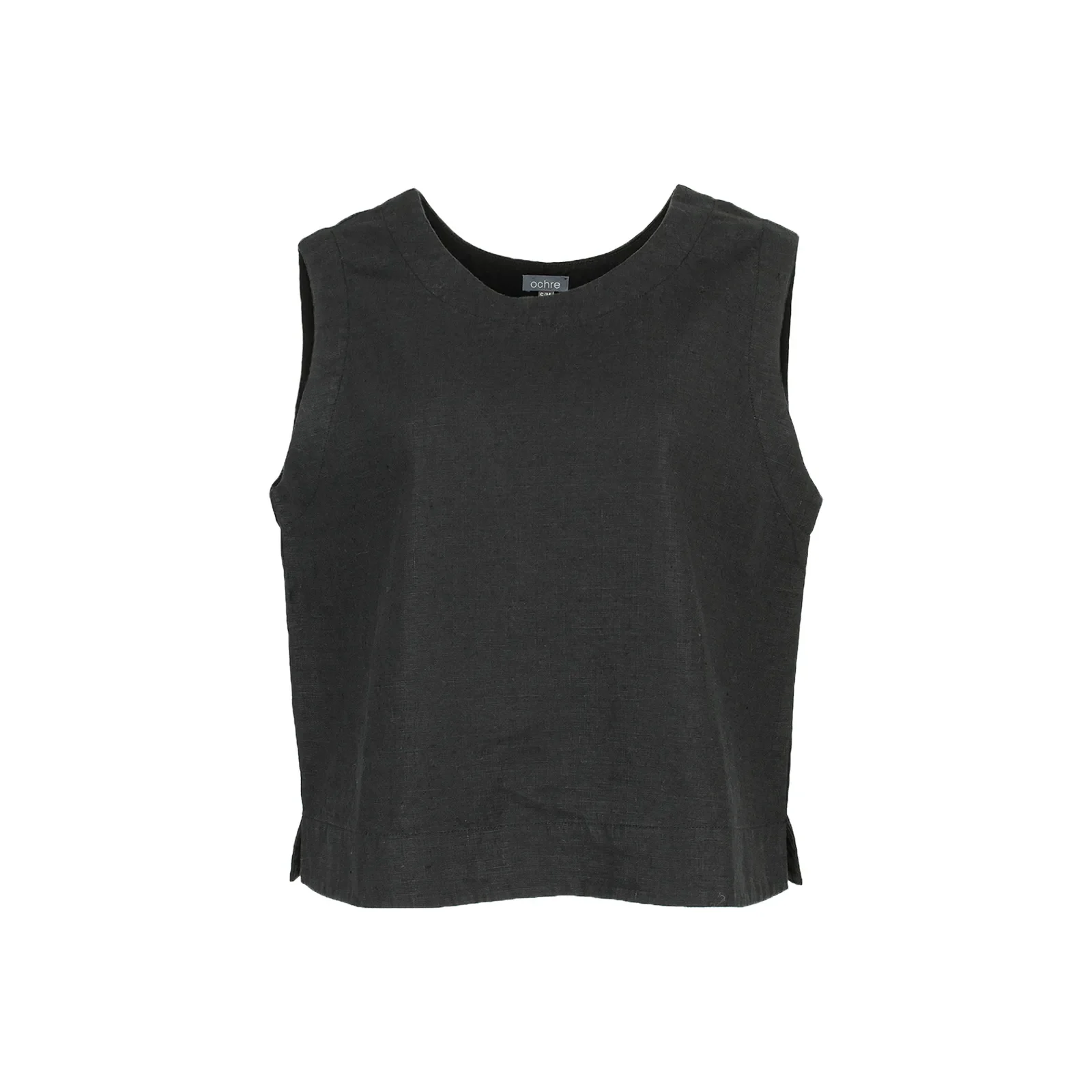 tiree-linen-sleeveless-top-black-organic-linen - Ochre Knitwear linen sleeveless top in black organic linen with round neckline, wide shoulders, front seams and cropped hem