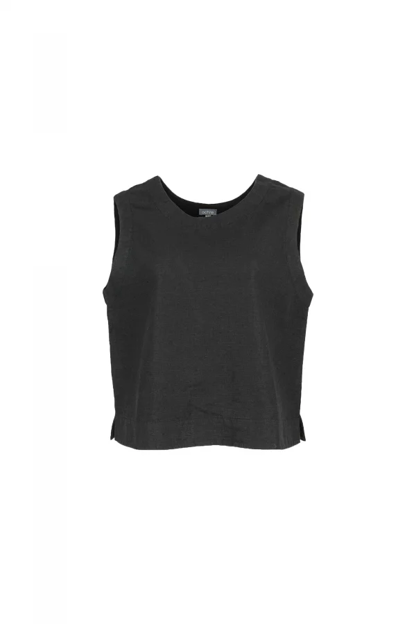 tiree-linen-sleeveless-top-black-organic-linen - Ochre Knitwear linen sleeveless top in black organic linen with round neckline, wide shoulders, front seams and cropped hem