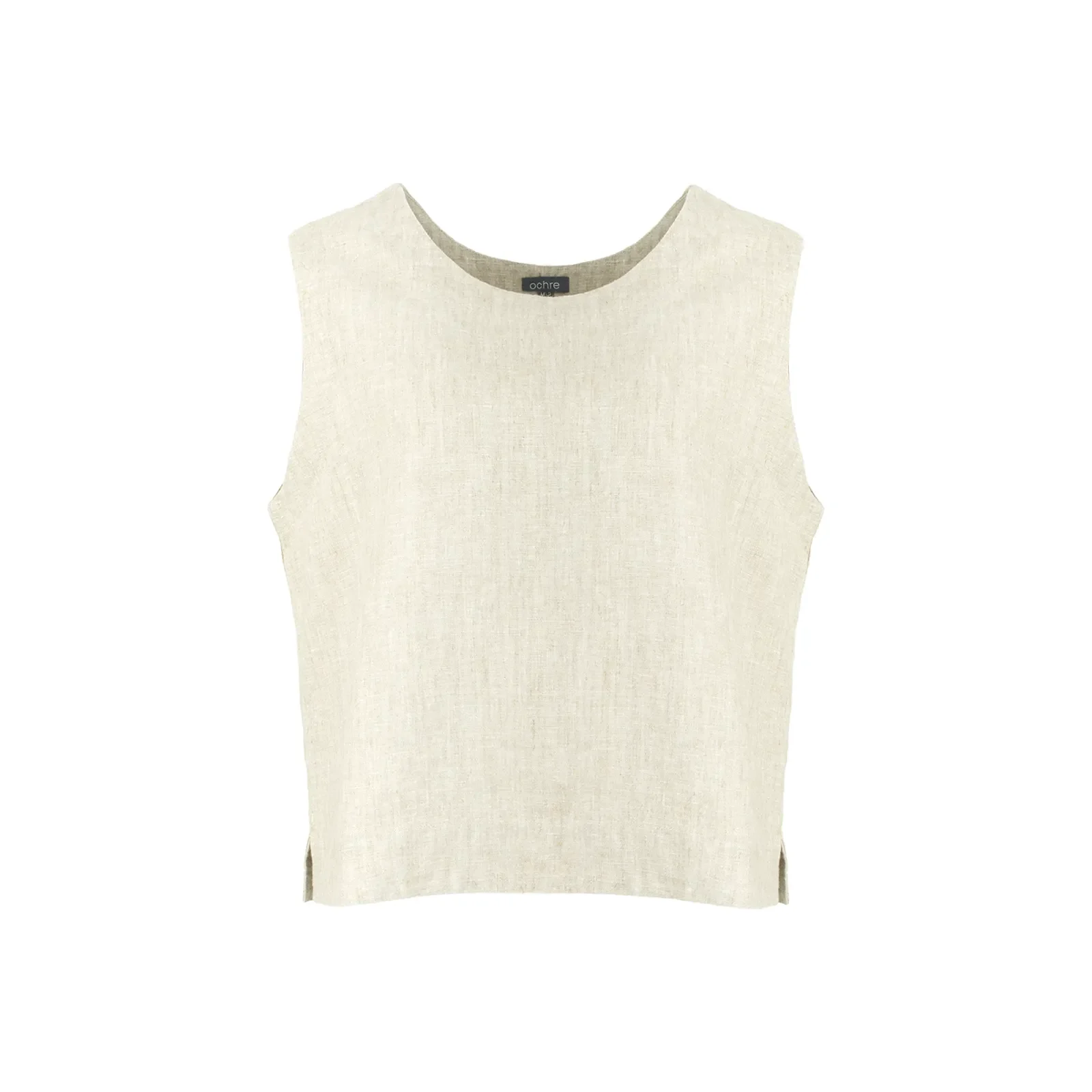tiree-linen-sleeveless-top-natural-organic-linen - Ochre Knitwear linen sleeveless top with round neckline, neat armholes, shaped front seams and small side splits in natural colour