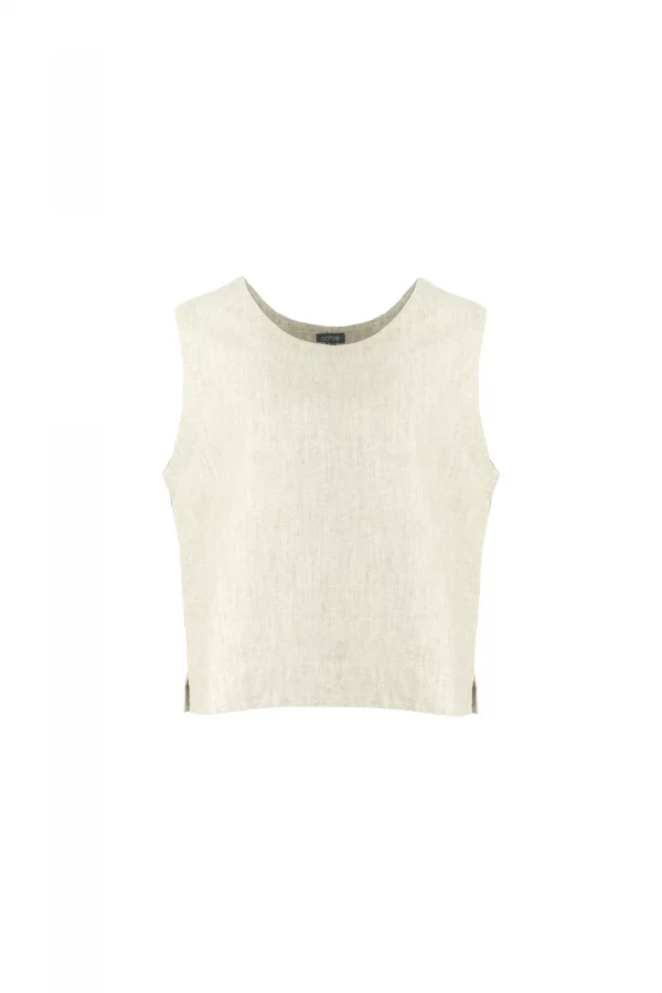 tiree-linen-sleeveless-top-natural-organic-linen - Ochre Knitwear linen sleeveless top with round neckline, neat armholes, shaped front seams and small side splits in natural colour