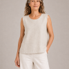 tiree-ivory-linen-sleeveless-top-natural-colour-model - Ochre Knitwear Natural Tiree linen sleeveless top with round neckline, neat armholes, shaped front seams and small side splits