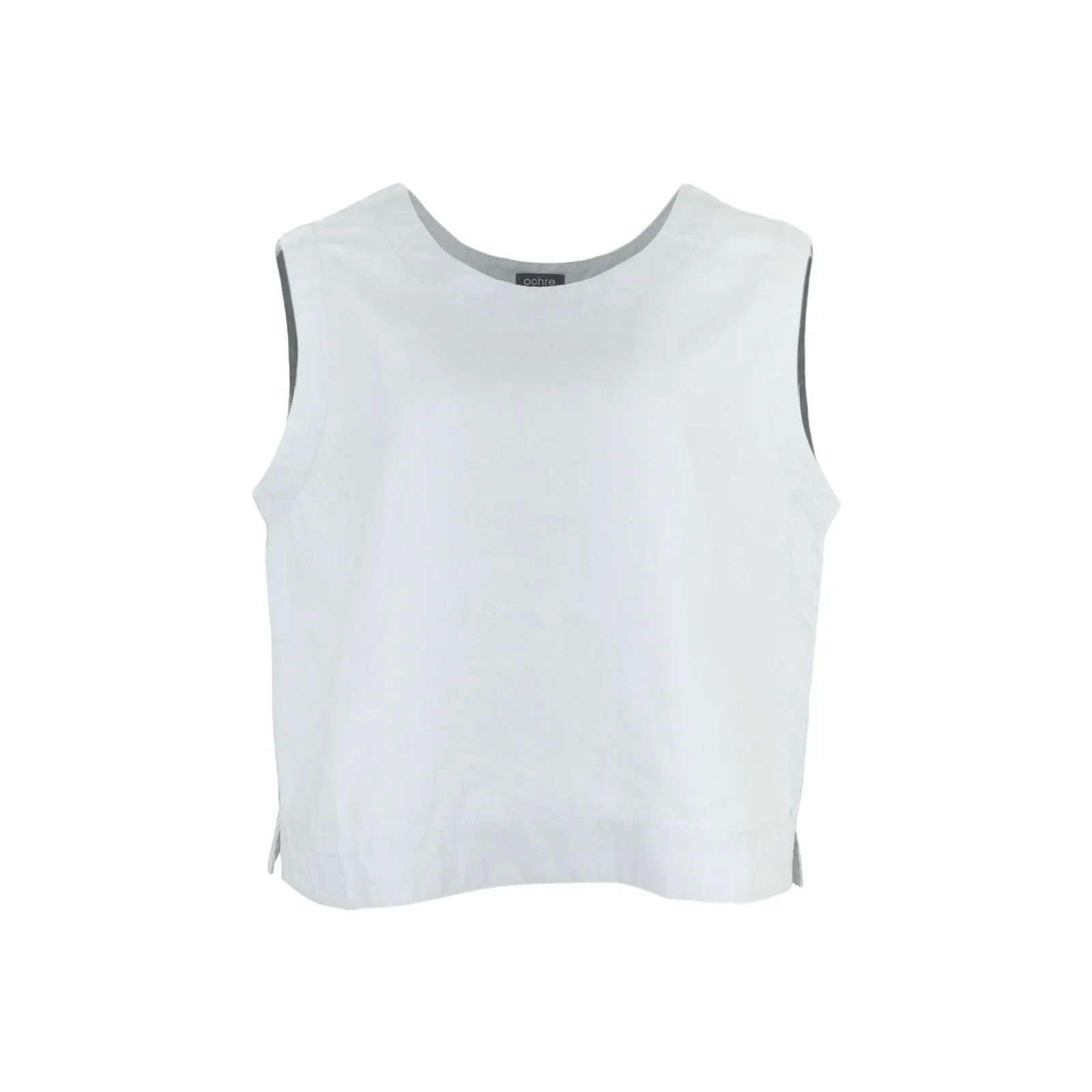 tiree-linen-sleeveless-top-pale-blue-organic-linen - Ochre Knitwear linen sleeveless top with round neckline, neat armholes, shaped front seams and small side splits in pale blue colour