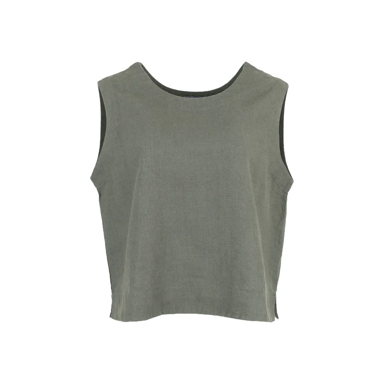 tiree-linen-sleeveless-top-fir-green-organic-linen - Ochre Knitwear linen sleeveless top in fir green colour with round neckline, wide shoulder coverage and defined hem panel