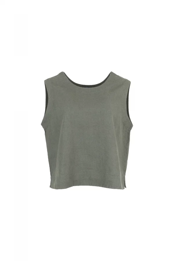 tiree-linen-sleeveless-top-fir-green-organic-linen - Ochre Knitwear linen sleeveless top in fir green colour with round neckline, wide shoulder coverage and defined hem panel