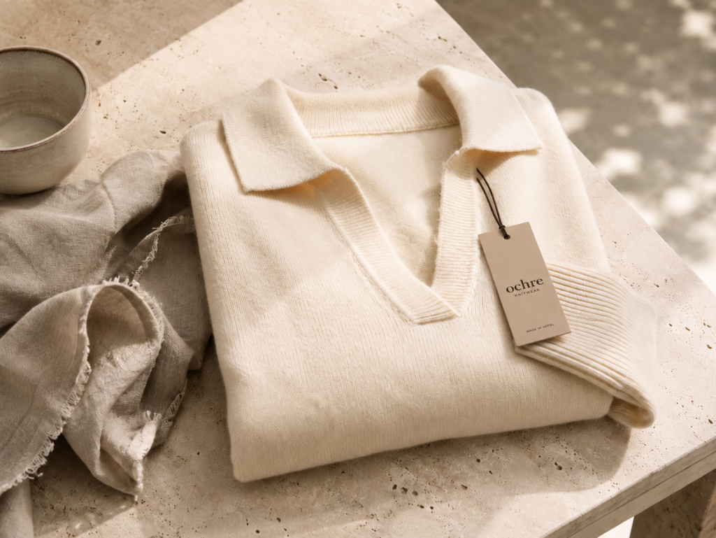 Collared jumper styling with a folded Ochre Knitwear collared jumper, showing the soft knitted collar, V neckline, ribbed cuff and branded tag.