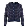 Elsi-hooded-cardigan-navy-bitter-chocolate-colour-front-view - Ochre Knitwear hooded cardigan in navy and bitter chocolate contrasting stripes with six small buttons