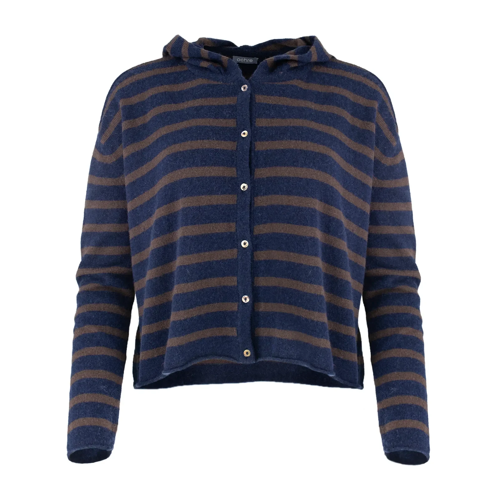 hooded cardigan in navy and bitter chocolate contrasting stripes with six small buttons