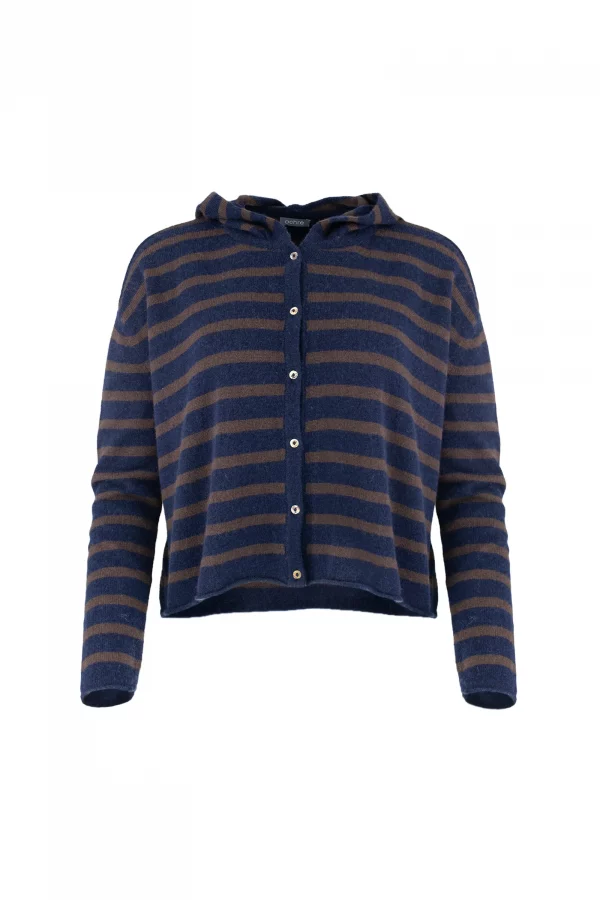 Elsi-hooded-cardigan-navy-bitter-chocolate-colour-front-view - Ochre Knitwear hooded cardigan in navy and bitter chocolate contrasting stripes with six small buttons