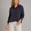 Elsi-hooded-cardigan-navy-bitter-chocolate-colour-front-view-model - Ochre Knitwear hooded cardigan in navy and bitter chocolate contrasting stripes with six small buttons presented by middle age women model