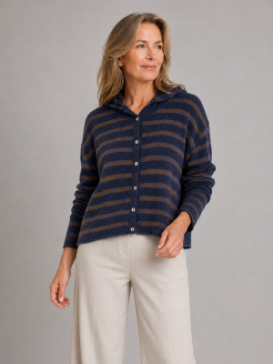 hooded cardigan in navy and bitter chocolate contrasting stripes with six small buttons presented by middle age women model