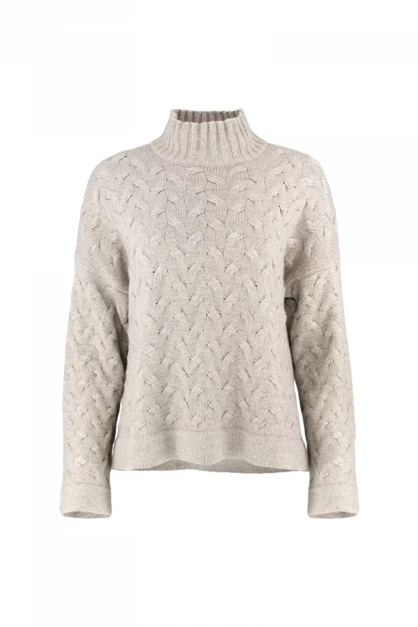 Fugu-textured-funnel-neck-jumper-stone-colour-front - Ochre Knitwear textured funnel neck jumper in stone colour front view