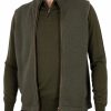 james-mens-cashmere-blend-gilet-fir-green-front - Ochre Knitwear men’s cashmere blend gilet in fir green colour with brass zip, ribbed stand collar, suede-effect trim and side pockets
