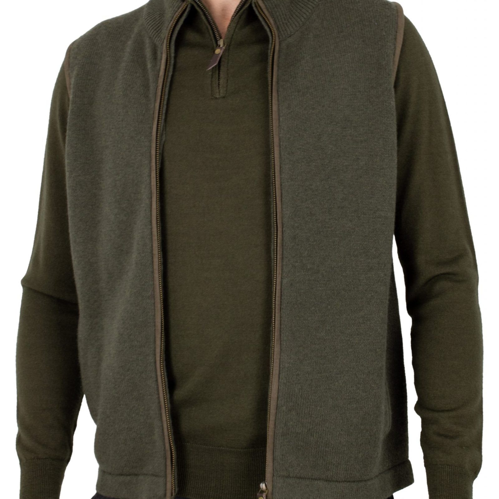 men’s cashmere blend gilet in fir green colour with brass zip, ribbed stand collar, suede-effect trim and side pockets