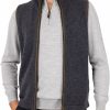 james-mens-cashmere-blend-gilet-graphite-front - Ochre Knitwear men’s cashmere blend gilet in graphite colour with brass zip, ribbed stand collar, suede-effect trim and side pockets