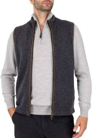 james-mens-cashmere-blend-gilet-graphite-front men’s cashmere blend gilet in graphite colour with brass zip, ribbed stand collar, suede-effect trim and side pockets