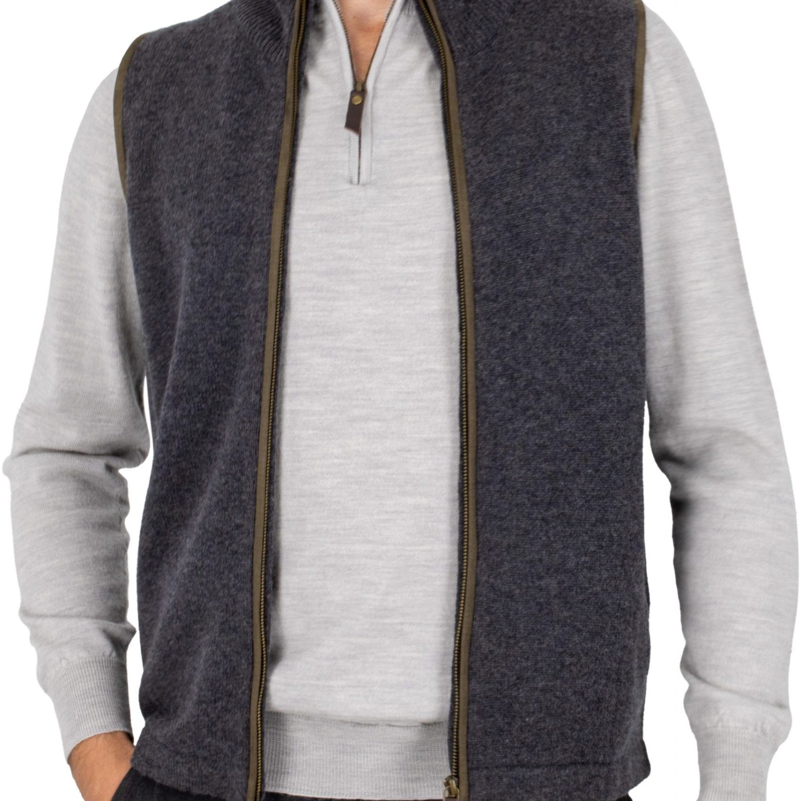 men’s cashmere blend gilet in graphite colour with brass zip, ribbed stand collar, suede-effect trim and side pockets