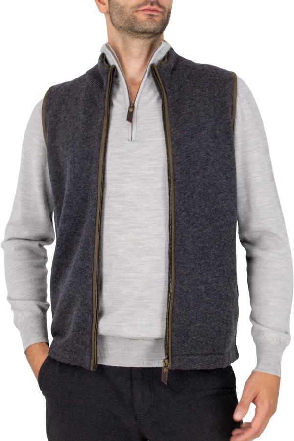 men’s cashmere blend gilet in graphite colour with brass zip, ribbed stand collar, suede-effect trim and side pockets