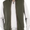 James-mens-merino-gilet-fir-green-front - Ochre Knitwear men’s merino gilet in fir green colour, with brass front zip, ribbed stand collar, synthetic suede trim and two side pockets