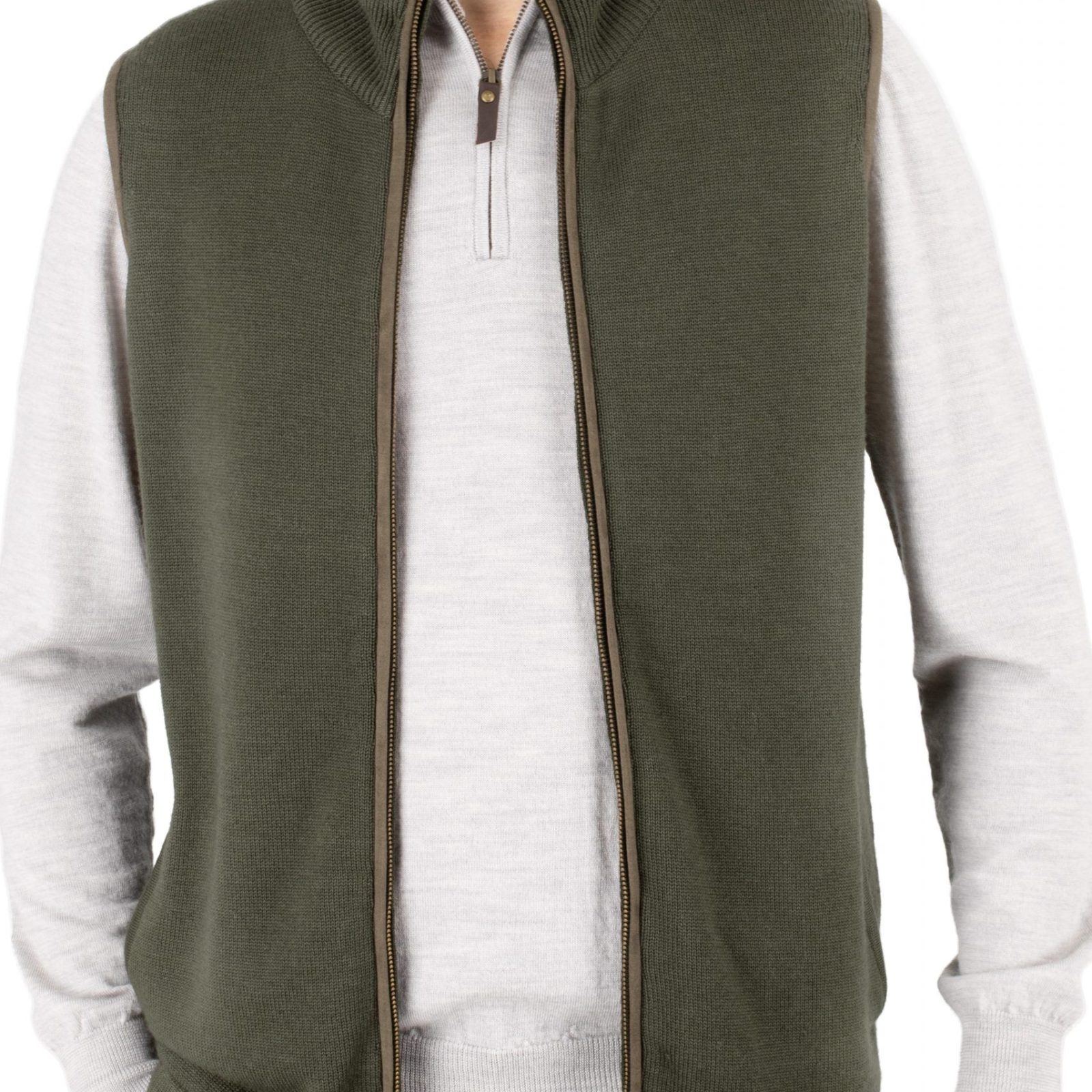 James-mens-merino-gilet-fir-green-front - Ochre Knitwear men’s merino gilet in fir green colour, with brass front zip, ribbed stand collar, synthetic suede trim and two side pockets