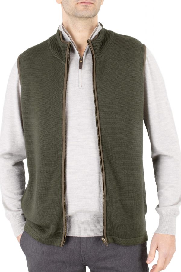 James-mens-merino-gilet-fir-green-front - Ochre Knitwear men’s merino gilet in fir green colour, with brass front zip, ribbed stand collar, synthetic suede trim and two side pockets