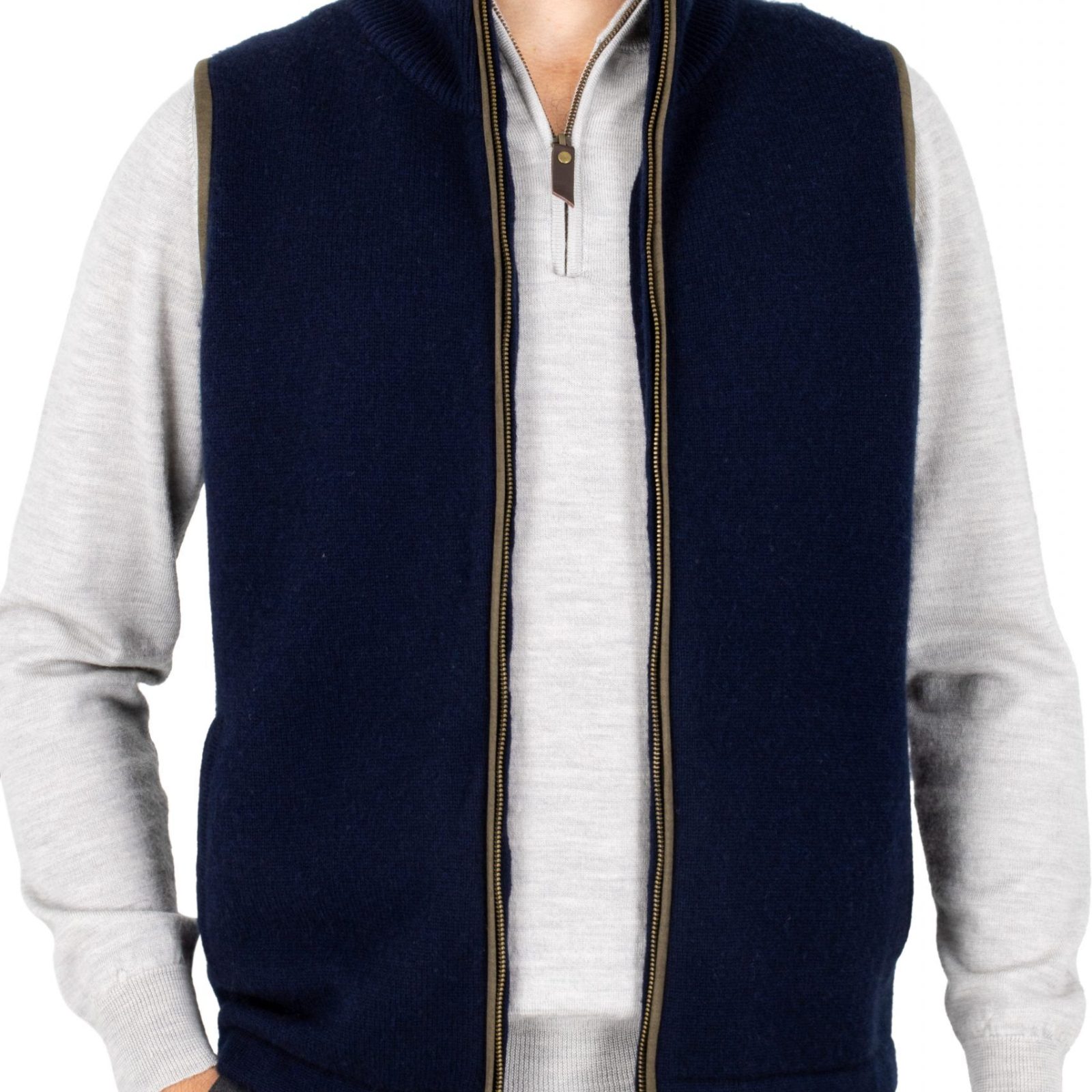 men’s cashmere blend gilet in navy marl colour with brass zip, ribbed stand collar, suede-effect trim and side pockets