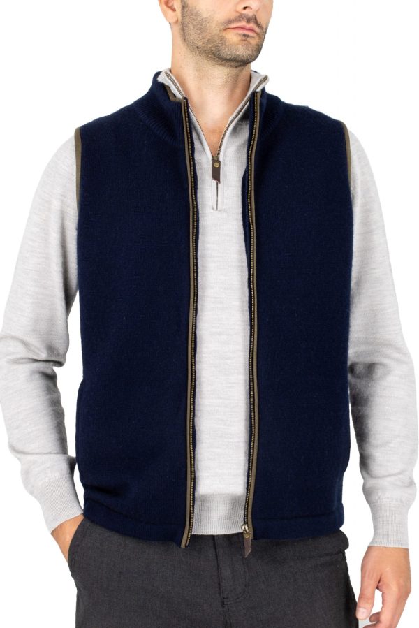 men’s cashmere blend gilet in navy marl colour with brass zip, ribbed stand collar, suede-effect trim and side pockets