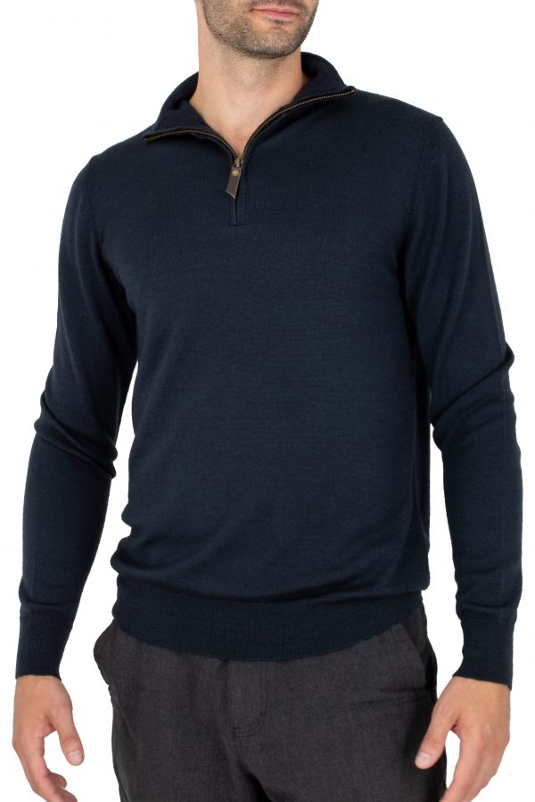 Miles-men’s-merino-zip-neck-jumper-ebony - Ochre Knitwear men’s merino zip neck jumper with long sleeves in ebony colour, front view
