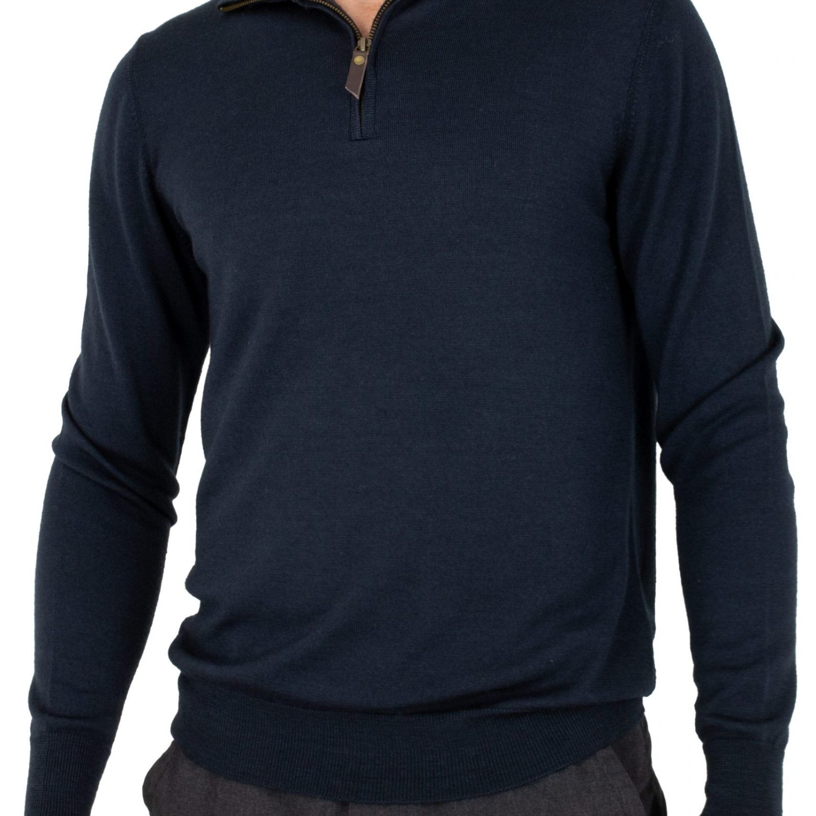 Miles-men’s-merino-zip-neck-jumper-ebony - Ochre Knitwear men’s merino zip neck jumper with long sleeves in ebony colour, front view