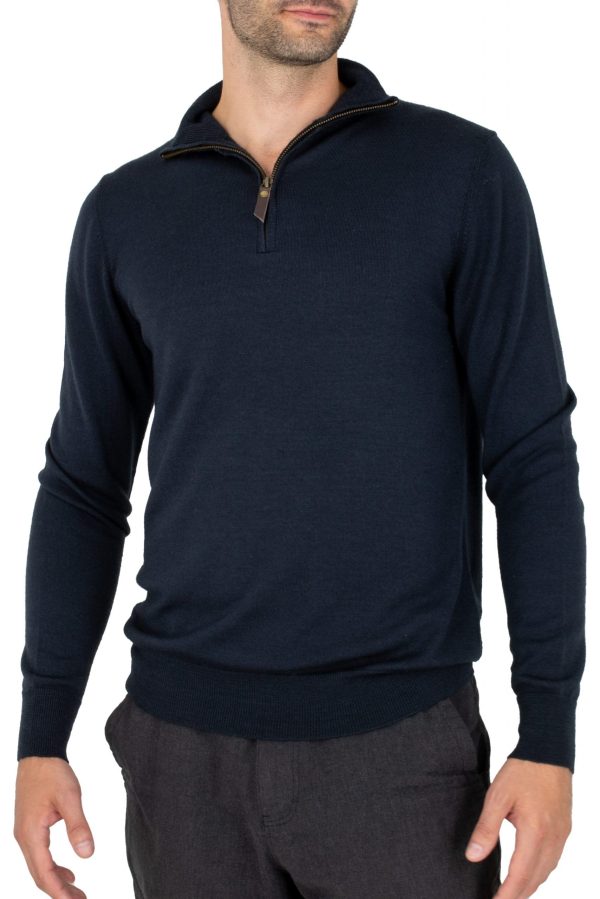 Miles-men’s-merino-zip-neck-jumper-ebony - Ochre Knitwear men’s merino zip neck jumper with long sleeves in ebony colour, front view